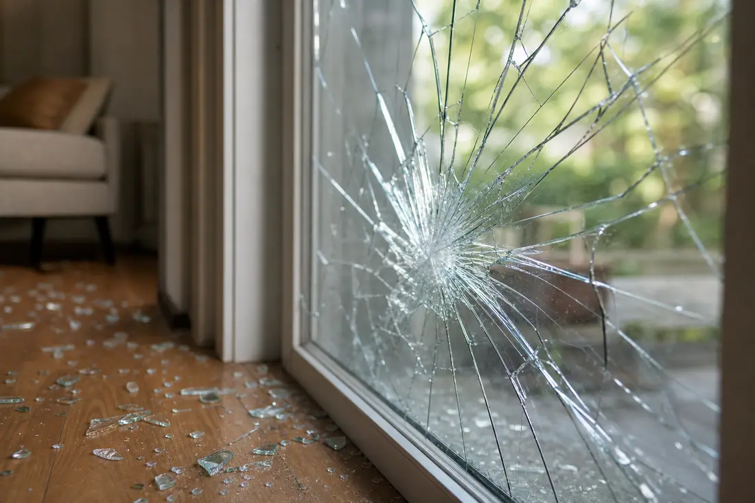 Zerbrochene Fensterscheibe mit sternförmigen Rissen in einem Wohnraum, Glassplitter auf dem Boden