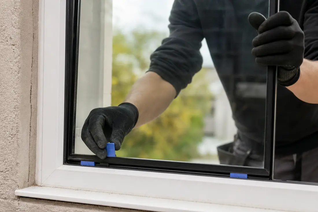 Glaser setzt eine neue Glasscheibe spannungsfrei mit Verglasungsklötzen in einen Fensterrahmen ein