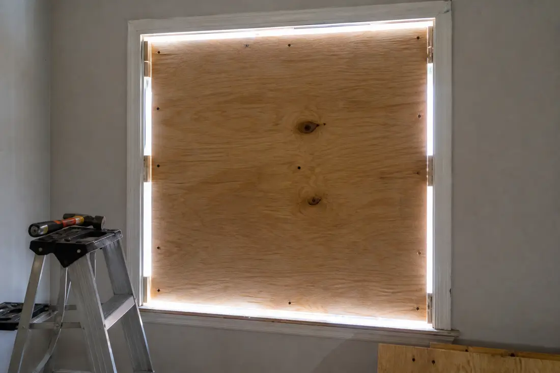 Glaser befestigt eine stabile Holzplatte als provisorische Abdeckung an einem leeren Fensterrahmen