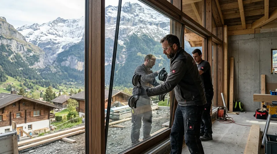Glaser setzt eine grosse Glasscheibe ein