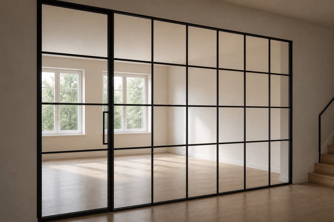 Beispiel: Glastrennwand innen mit schmalen Profilen